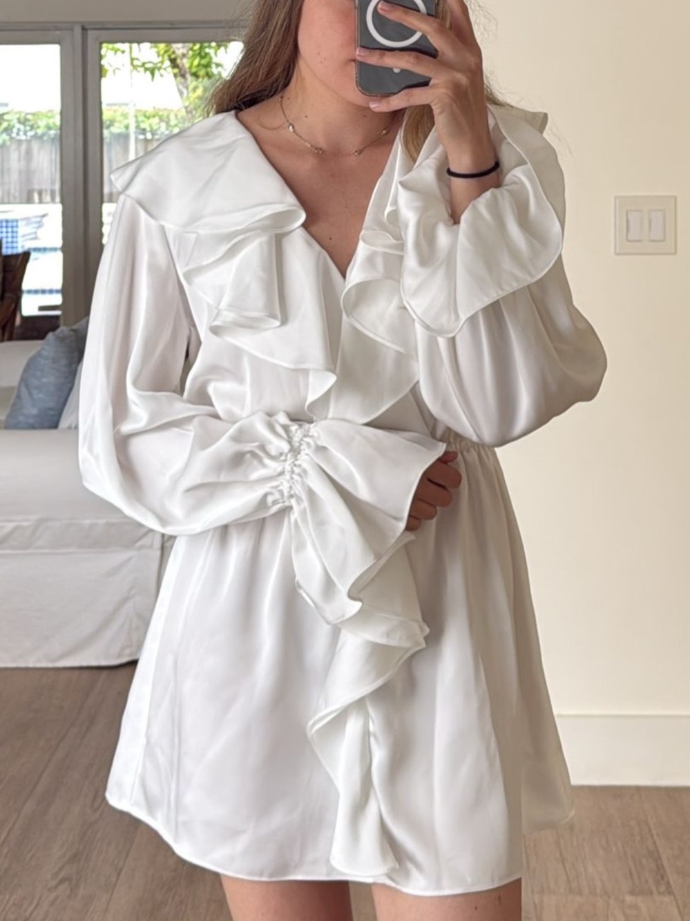 WeWoreWhat Cream Ruffle-Front Long Sleeve Dress